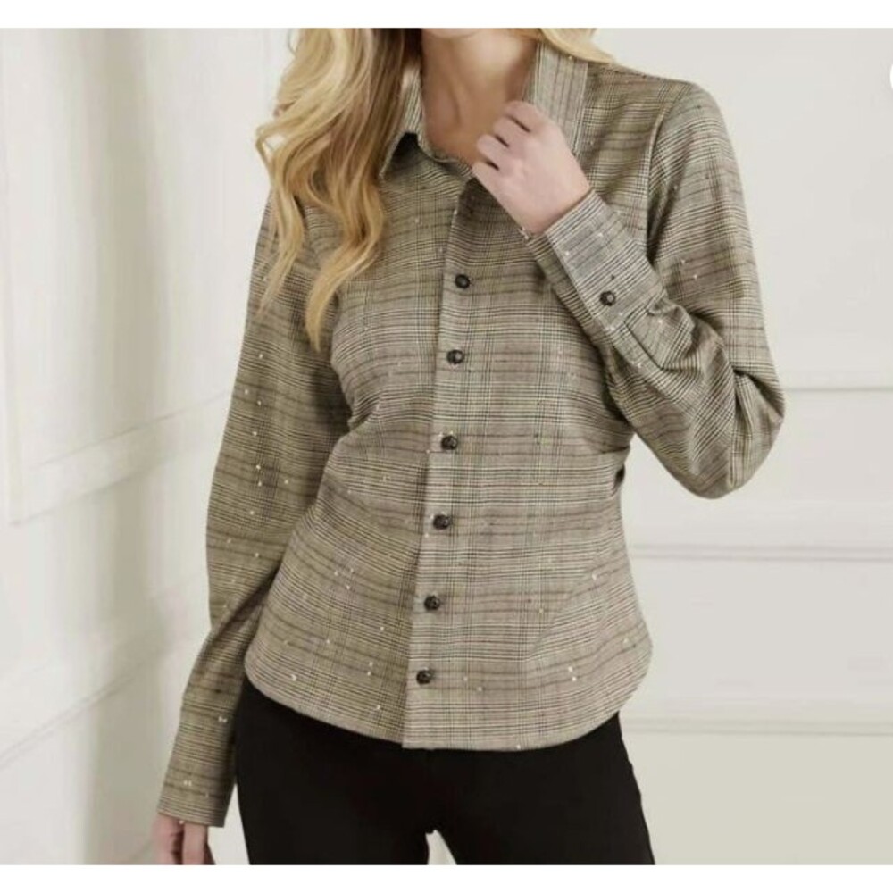 Karen Kane Button Up Shirt Large Brown Plaid Sequin Side Ruched Quiet Luxury